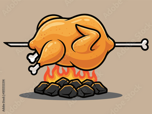 Rotisserie Chicken Over Fire – Grilled Roast Chicken Vector Illustration