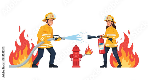 Firefighters battling flames with hose and extinguisher emergency response illustration