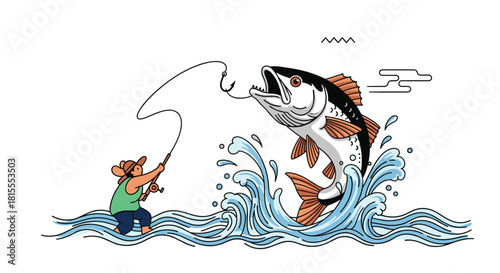 Dynamic line art illustration of a fisherman catching a large fish that is jumping out of the splashing water with its mouth open.