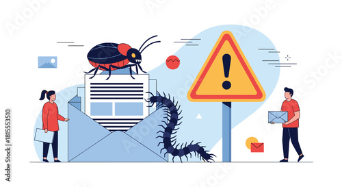 Cybersecurity concept of email phishing or malware attack, with bugs crawling out of an envelope next to a large warning sign.