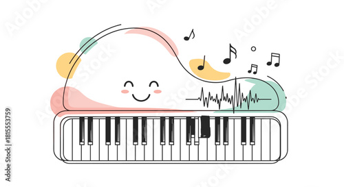 Whimsical illustration of a piano keyboard with a cute smiling cloud, musical notes, and a soundwave, representing the joy of music.