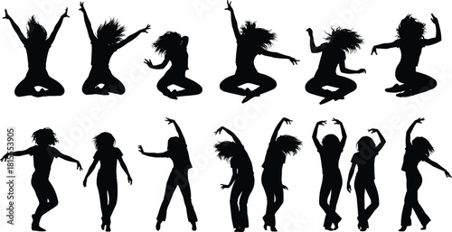 Collection of twelve black silhouettes depicting energetic young women dancing, jumping high, and posing, isolated on white background for vector illustration.