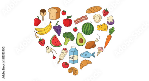A heart shape made from a collection of various healthy and unhealthy food doodles, representing a love for food and nutrition.