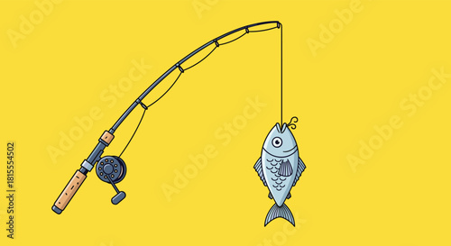 Simple cartoon illustration of a fishing rod that has successfully caught a fish on the hook, set against a solid yellow background.