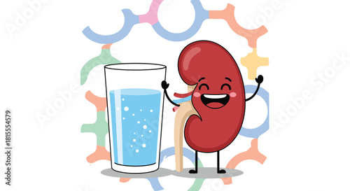 Happy and healthy cartoon kidney character standing next to a glass of water, promoting hydration for organ health and wellness.