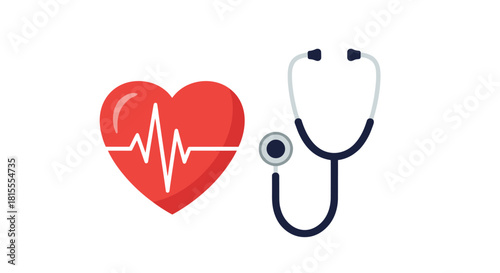 Medical concept illustration with a red heart showing a heartbeat EKG line connected to a doctor's stethoscope for health checkups.