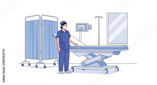 A female nurse in scrubs and a face mask standing next to an empty hospital bed in a patient room with medical equipment.