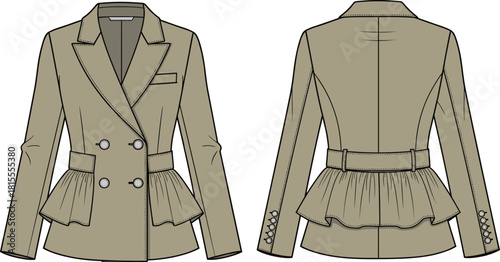 Beige double breasted peplum blazer vector illustration, women's tailored jacket technical flat sketch, front and back view, fashion design template, chic office wear mockup.