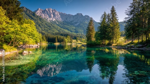 Fototapeta Naklejka Na Ścianę i Meble -  Idyllic summer mountain landscape featuring a crystal-clear alpine lake surrounded by majestic peaks and lush green meadows under a bright blue sky