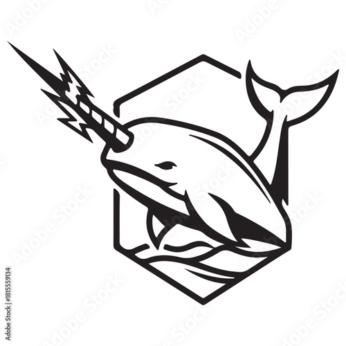 Black and White Narwhal Mascot with Tusk in Hexagon Frame
