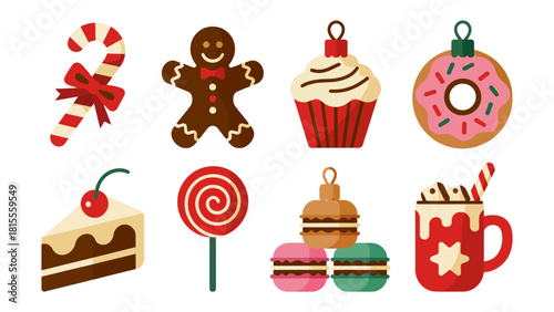 Festive Delights: An array of delightful holiday treats. Featuring a candy cane, a gingerbread man, a cupcake, a donut, a slice of cake, a lollipop, macarons, and a mug of hot chocolate.