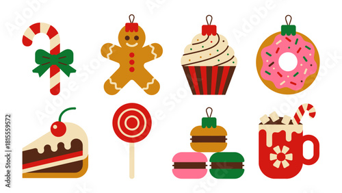 Festive Delights: An array of Christmas ornaments, including a candy cane, gingerbread man, cupcake, doughnut, cake slice, lollipop, macarons, and hot cocoa.