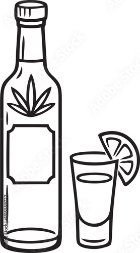 Tequila Bottle Line Art with Shot Glass and Lime