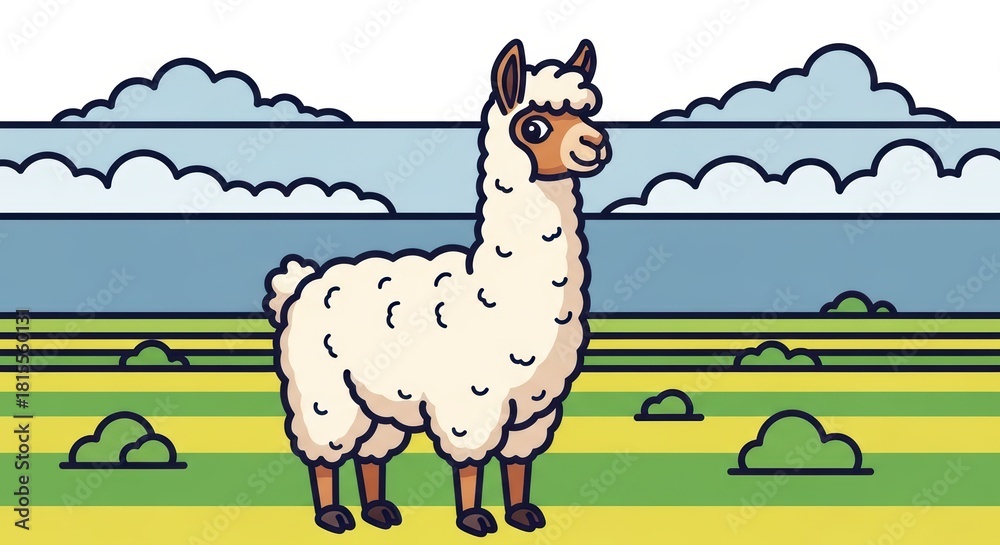 Naklejka premium Cartoon alpaca in vibrant pastel landscape with rolling clouds