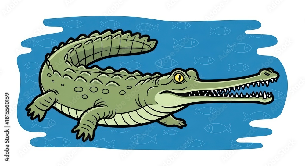 Fototapeta premium Cartoon crocodile swimming in blue water with fish background