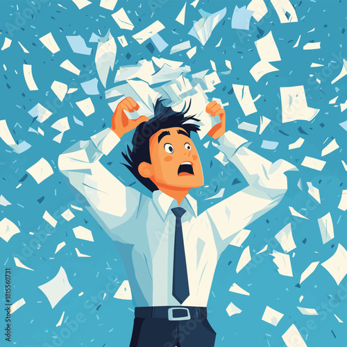 Stressed businessman overwhelmed by paperwork and failure pulling hair in panic Heavy workload concept , vector style simple color