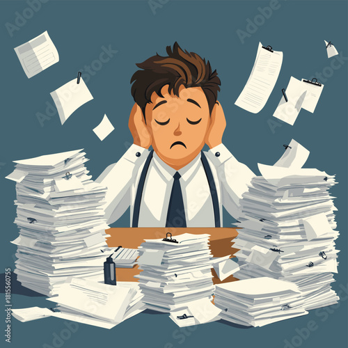 Stressed businessman overwhelmed by paperwork and failure pulling hair in panic Heavy workload concept , vector style simple color
