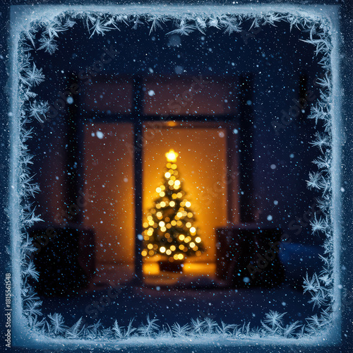 A festive christmas tree glows warmly through a frosted window on a snowy winter night scene view