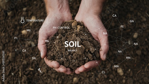 Close up of human hands holding rich organic soil for agricultural analysis in a professional farming research and development setting.