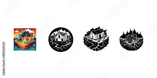 Vibrant isometric cityscape with modern buildings and traditional architecture on a floating island isolated on white background isolated on transparent background silhouette