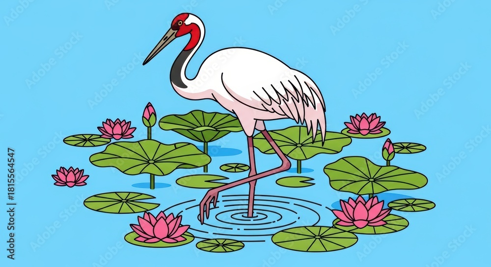 Naklejka premium Illustrated crane standing in pond with lotus flowers and lily pads against blue background