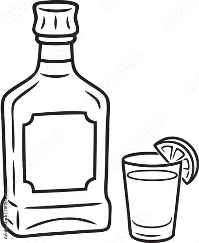 Tequila Bottle Outline with Shot Glass and Citrus Slice