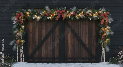 Festive christmas garland with red bows and lights adorning a wooden barn door in a snowy setting