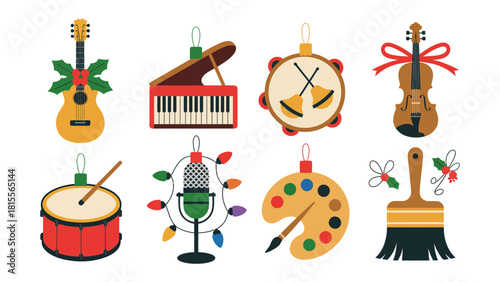 Festive Ornaments of Arts and Music: An array of colorful ornaments, each meticulously crafted to represent musical instruments and artistic tools. Celebrate music and art.