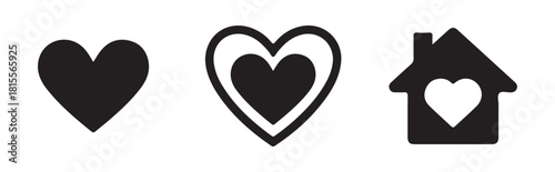 Heart and house icons set. Minimalist love symbols for home, family, and real estate