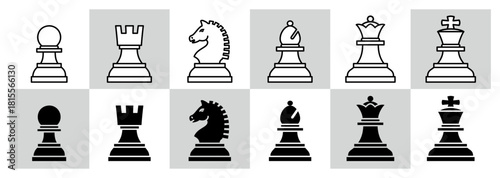 様々な形のチェスの駒のアイコンのベクターイラストのセット
