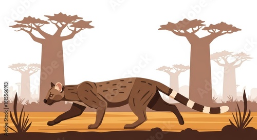 Cartoon malagasy fossa walking by baobab trees in madagascar landscape