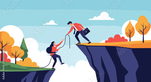 Businessman offering a helping hand with a rope to a woman climbing a cliff, illustrating professional support, mentorship, and collaborative problem-solving.