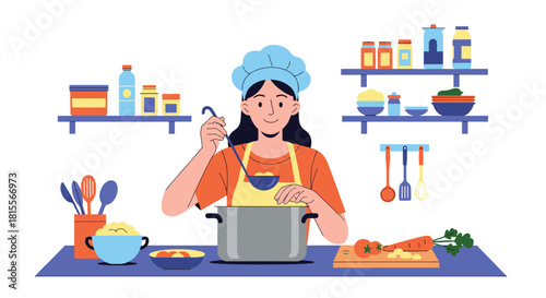 A smiling woman in a chef's hat and apron cooks in her kitchen, stirring a pot with a ladle, preparing a meal amidst various ingredients.