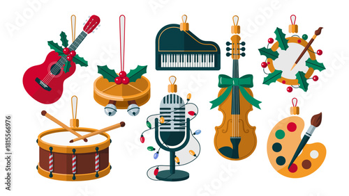 Christmas Ornament Collection: A vibrant ensemble of festive ornaments, each one intricately designed to represent diverse artistic expressions and musical instruments.