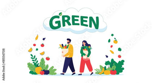 A smiling couple carries reusable shopping bags full of fresh, healthy produce, promoting sustainable eating and an eco-friendly lifestyle under a 'GREEN' cloud.