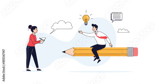 Illustrating the synergy of creative writing and idea generation through a man on a flying pencil and a woman taking notes, representing a collaborative journey.