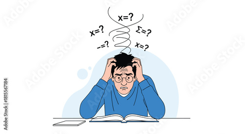 A stressed man with glasses holds his head in frustration while studying complex mathematical problems with equations swirling above him.