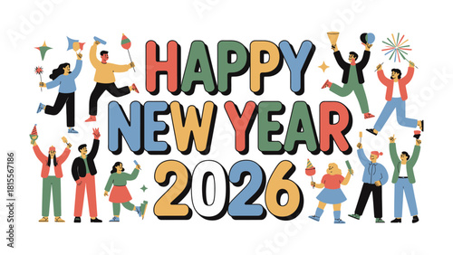 Festive New Year 2026: An illustration showcases a lively group of people joyously celebrating the dawn of the new year, filled with hope and excitement, promising a year brimming with possibilities.