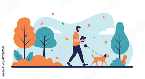 A man enjoys a leisurely autumn walk in the park with his dog, reading a book amidst falling leaves and colorful trees.