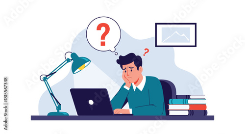 A confused man sits at his desk, grappling with a problem on his laptop, surrounded by books and a lamp, with question marks indicating his mental struggle.