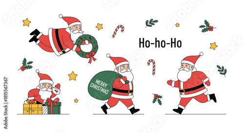 Cheerful Santa Claus characters are depicted in a festive holiday collage, featuring various actions and classic Christmas decorations.