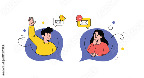 A man and a woman interact through digital communication, shown in speech bubbles with message alerts and engaged expressions.