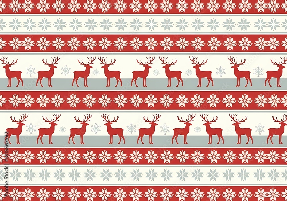 Seamless Christmas pattern with red reindeer and snowflakes in a traditional Nordic or Scandinavian style.