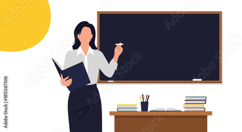 Female teacher holding a book and chalk in front of a blackboard, ready to educate students in a bright classroom setting.