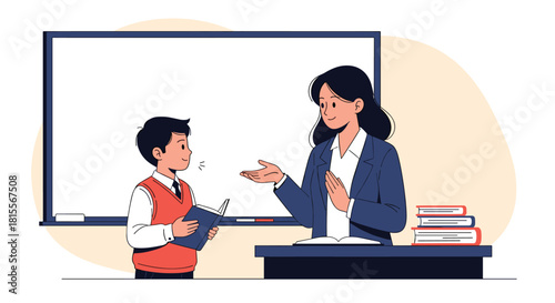 A student recites from a book to his attentive female teacher in a brightly lit classroom, fostering an interactive and supportive learning environment.