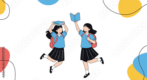 Two cheerful schoolgirls in uniform, holding books and backpacks, jump with joy and excitement on a white background with abstract shapes.