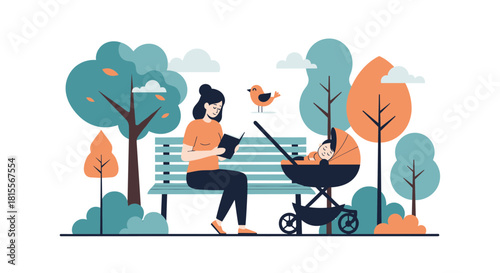 A peaceful park scene where a mother reads a book on a bench while her baby sleeps soundly in a nearby stroller.