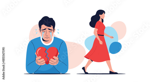 A man heartbroken by a breakup holds a broken heart and cries as a woman walks away, depicting the end of a relationship and emotional suffering.