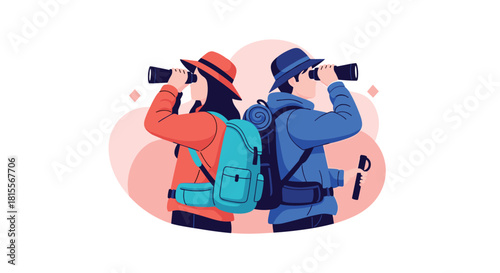 Two adventurous explorers, a man and a woman, stand back-to-back, scanning the horizon with binoculars, ready for discovery.