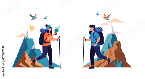 Two hikers, a man and a woman, with backpacks and trekking poles, explore a scenic mountain landscape, enjoying outdoor adventure and consulting a map.